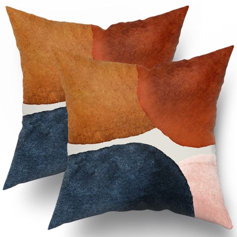 PRICES MAY VARY. Cotton Size & High-Quality Linen Material: 16x16 inches (40 cm X 40 cm), our navy blue and burnt orange boho throw pillow covers made of high-quality cotton material, environmentally friendly fabric, thick, soft, breathable, to provide you with a delicate and soft touch, so you can enjoy a comfortable pillow experience. Double-Sided Printing Design: Our boho pillow cover is printed with the boho navy blue orange modern abstract geometric design on both sides and a high quality i Navy Couch Orange Pillows, Living Room Designs With Navy Couch, Personal Touches For Home, Blue And Orange Accents Living Room, Dark Blue Couch Pillow Ideas, Navy Blue Mustard Yellow Burnt Orange Bedroom, Blue And Cognac Bedroom, Mid Century Modern Pillow, Slate Blue Decor