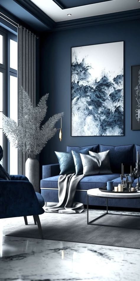 Blue Living Room Design 2024: Elevate with Navy, Gray, and Royal Paint Wall Elegance Navy Blue And Grey Living Room, Blue Living Room Color, Blue Grey Living Room, Living Room Color Combination, Blue Walls Living Room, Navy Living Rooms, Room Color Combination, Blue And White Living Room, Blue Living Room Decor