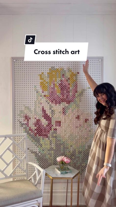 This cross stitch art was a labor of love 😅🖼🧶 #crossstitch #pegboardideas #crossstitchlover #home #fyp #colorfulhome #cottagecore #fypage #diyart Cross Stitch On Canvas, Cross Stitch Wall Art, Giant Cross Stitch Wall Art, Cross Stitch Pegboard, Oversized Cross Stitch Wall Art, Cross Stitch Pegboard Pattern, Pegboard Cross Stitch, Pegboard Cross Stitch Wall Art, Spirograph Art