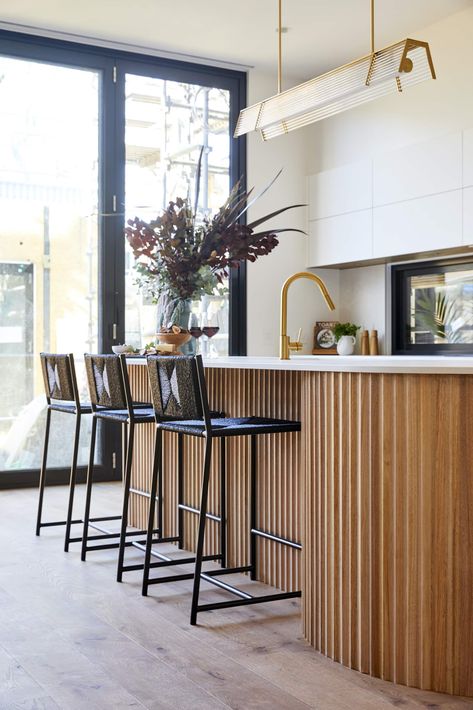 the block 2020 kitchens luke and jasmin curved timber island bench The Block Kitchen, Curved Kitchen Island, Curved Kitchen, Kitchen Island Bench, Contemporary Coastal, Kitchen Benches, Black Cabinets, Kitchen Style, Kitchen Renovation