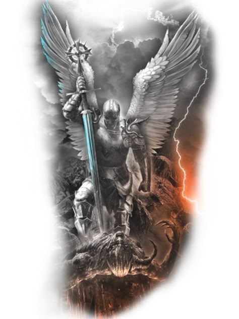 Angel Tattoo Arm, Tattoo Warrior, Dark Angel Tattoo, Angel Warrior Tattoo, Guardian Angel Tattoo Designs, Archangel Michael Tattoo, Warrior Tattoo Sleeve, Ancient Art Tattoo, Guardian Angel Tattoo