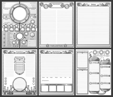 Brett Bullion Dnd 5e Artificer Character Sheet, Artificer Character Sheet, Dnd 5e Artificer, Custom Character Sheet, Dnd Printables, Dnd Character Sheets, Dnd Artificer, Rpg Character Sheet, Egyptian Crafts