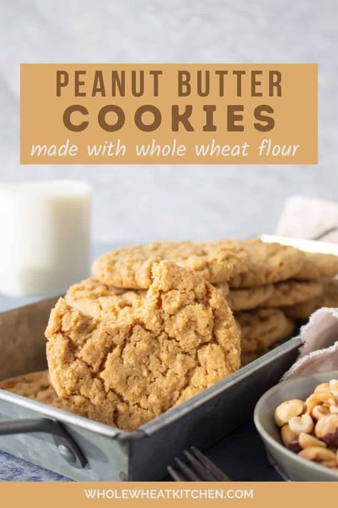 These soft and chewy whole wheat peanut butter cookies are the perfect treat for any occasion. They are great for holiday baking and cookie exchanges. Or for a picnic lunch dessert. They are easy to make in one bowl and no chilling required. Whole Wheat Shortbread Cookies, Cookies Made With Whole Wheat Flour, Wheat Flour Dessert Recipes, Whole Wheat Peanut Butter Cookies, Whole Wheat Flour Cookies, Whole Wheat Cookie Recipes, Fresh Milled Flour Cookies, Cookies With Wheat Flour, Wheat Berry Bread Recipe