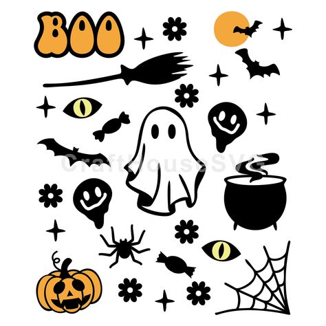 Halloween Small Drawings, Cute Spooky Decor, Simple Halloween Doodles, Halloween Cute Art, Simple Halloween Drawings, Cute Halloween Doodles, Basic Stickers, Cute Halloween Svg, Halloween Stamps