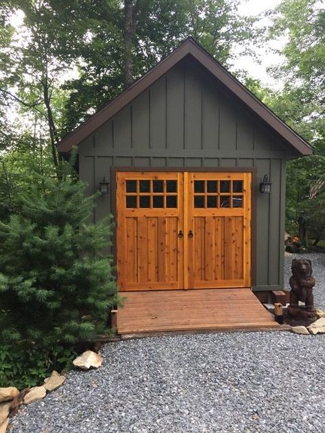 One of the products we offer are Custom Built REAL Swinging Carriage Doors Designed to fit your existing Finish Framed Opening using Exterior Strap Hinges or let us provide a Traditional Frame with Butt Hinges and Qlon Weather Strip. We are a proud Distributor of Acorn Manufacturing Hinge and Iron Products. Made right here in... Farm Barn Doors Exterior, Colorful Shed Ideas, Workshop Exterior Design, Wood Garden Shed, Wood Shed Doors, Shed Exterior Colors, Shed Doors Designs, Shed Color Ideas, Shed Door Design Ideas