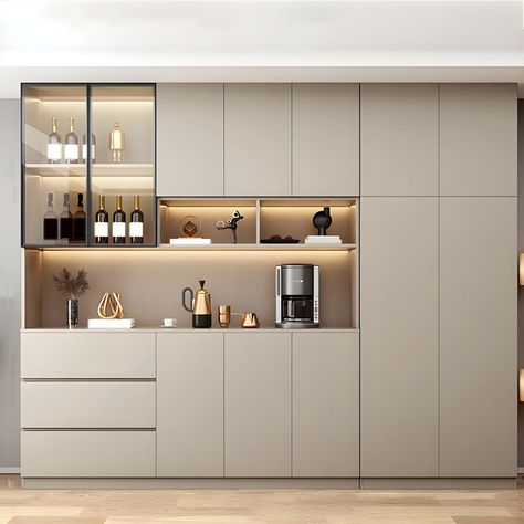 Modern Kitchen Cabinet Design Glass Doors, Kitchen Tall Units, Single Wall Kitchen, Crockery Unit Design, Cabinet With Glass Doors, Dining Room Cabinet, Crockery Unit, Above Kitchen Cabinets, Modern Kitchen Cabinet Design