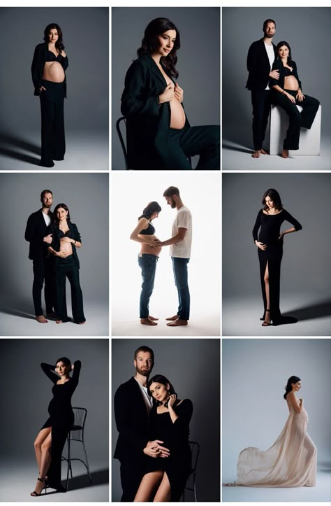 Elegant Maternity Shoot With Family, Maternity Photo Studio Ideas, Maternity Shoot Ideas Indoor Studio, Maternity Couple Poses Studio, Maternity Photo Shoot Ideas Couples Studio, Maternity Self Photo Studio, In Studio Maternity Session Couple, Celebrity Pregnancy Photoshoot, Black And White Maternity Shoot Couples