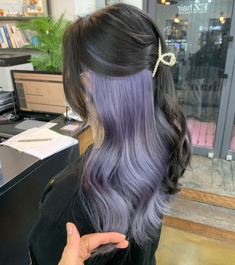 Two Toned Hair Purple, Dark Roots Purple Hair Balayage, Pastel Purple And Black Hair, Black Lavender Hair, Black Hair With Lavender, Black And Pastel Hair, Lilac And Black Hair, Kpop Dyed Hair, Black And Lilac Hair