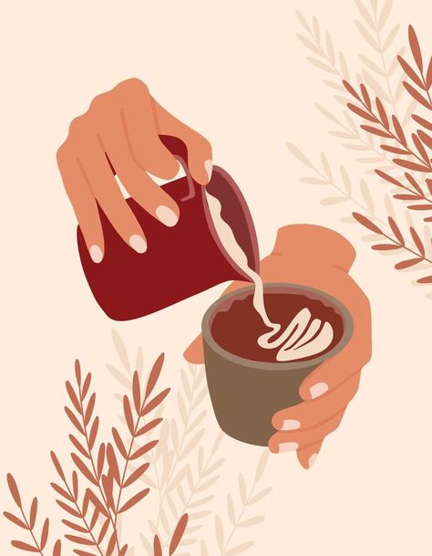 Hands with coffee mug and  jug. Barista makes coffee with milk. Poster in minimalist retro style. Coffee Illustration, Boho Art, Coffee Art, Vector Graphics, Travel Posters, Retro Fashion, Coffee Mugs, Illustration Art, Coffee