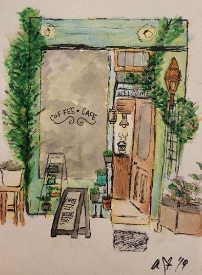 Cafe Watercolour Painting, Cafe Urban Sketch, Book Cafe Drawing, Coffee Shop Watercolor Painting, Aesthetic Coffee Painting, Coffee Bar Drawing, Coffee Shop Painting Ideas, Cafe Paintings Art Coffee Shop, Coffee Shop Artwork