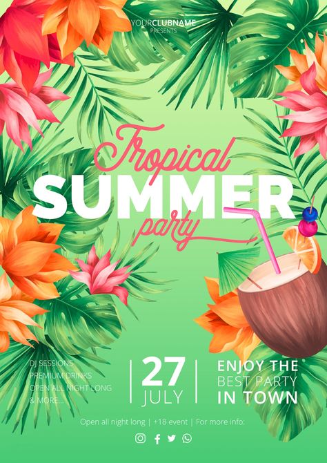 Tropical Poster Design, Summer Party Poster, Tropical Festival, Tropical Summer Party, Corporate Party Invitation, Tropical Poster, Summer Party Invitations, Fiesta Tropical, Hawaii Party