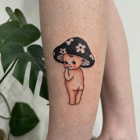 Baby Clown Tattoo, Traditional Cute Tattoo, Whimsical Traditional Tattoo, Cupie Doll Tattoo, Kewpie Baby Tattoo, Mushroom Tattoo Flash, Kewpie Tattoo Traditional, Tattoo Ideas Mushroom, Cute Mushroom Tattoos