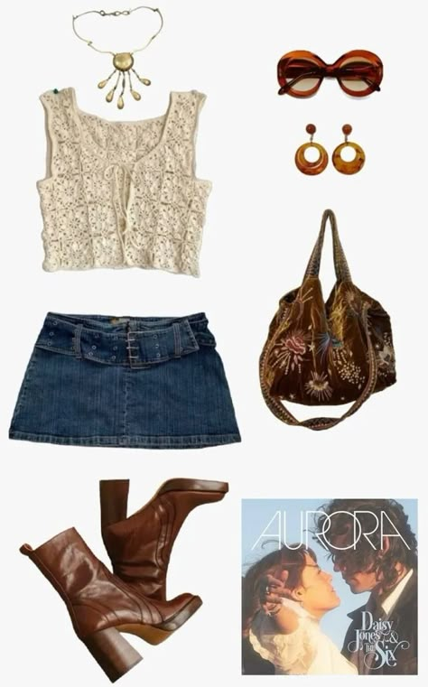 70s Outfits Daisy Jones, Vintage Market Outfit Ideas, 70s Fleetwood Mac Aesthetic, 70s Fashion Mini Skirt, Stevie Nicks Accessories, Maggie Rogers Concert Outfit Ideas, 70 Summer Fashion, Outfit Inspirations 70s, 70s Brown Boots Outfit