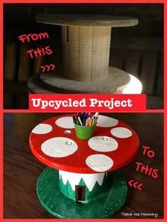 Upcycled Project: Toad stool Table - from @Teach Me Mommy Toad Stool, Infant Play, Cable Reels, Spool Tables, Alternative Seating, Stool Table, Reels Ideas, Upcycled Projects, Furniture Handmade