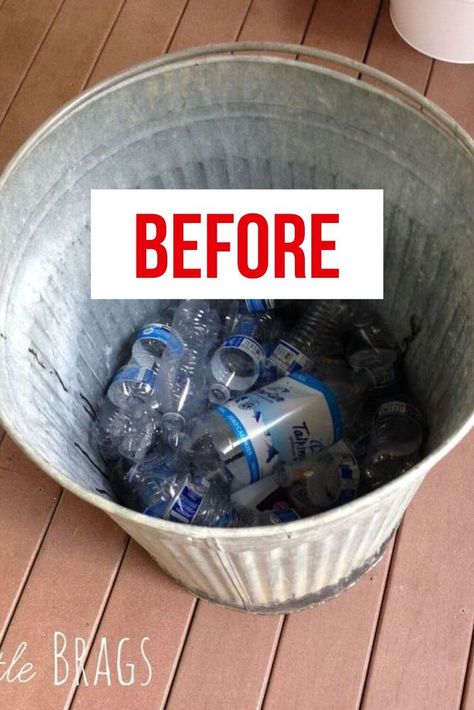 Ugly Garbage Can Makeover Ideas Painted Garbage Cans Diy, Metal Garbage Can Ideas, Painted Trash Cans Galvanized Metal, Wedding Garbage Can Ideas, Wedding Trash Can Ideas, Metal Trash Can Ideas, Painted Metal Trash Cans, Garbage Can Storage Outdoor Diy Easy, Trash Can Planter Ideas