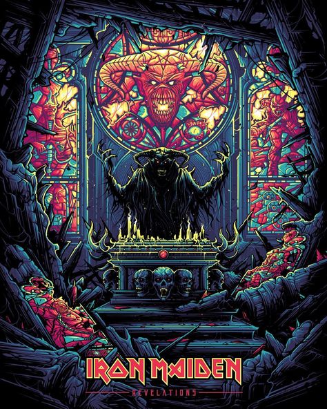 Revelations Iron Maiden Album Covers, Iron Maiden Tattoo, Iron Maiden Albums, Silk Screen Art, Iron Maiden Posters, Dan Mumford, Metallica Art, Iron Maiden Band, Rock Poster Art