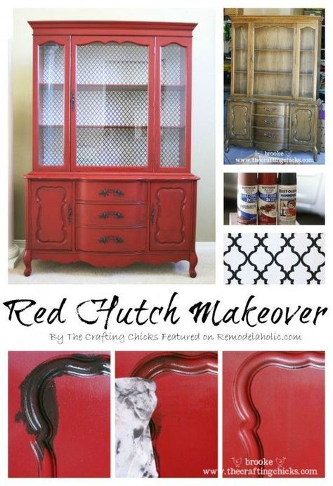 Red hutch makeover | from Remodelaholic --- Amazing china cabinet transformation! This is very similar to my china hutch. I love the red! China Cabinet Makeovers, Red Hutch, Hutch China Cabinet, China Hutch Decor, Redo Cabinets, Hutch Makeover, Hutch Decor, China Hutch, China Furniture