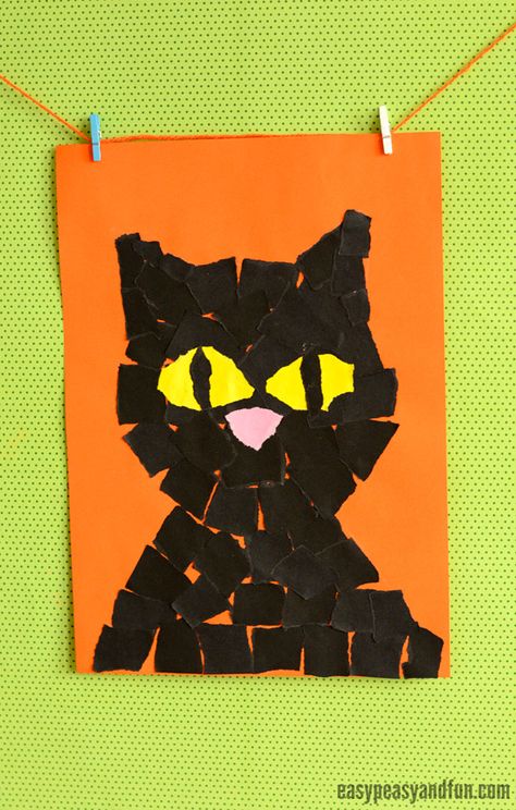 Black Cat Torn Paper Art, such a fun idea for little cat lovers. Halloween Cat Crafts, Paper Art Ideas, Construction Paper Crafts For Kids, Torn Paper Art, Construction Paper Art, Witches Cat, Mosaic Collage, Link Halloween, Halloween Art Projects