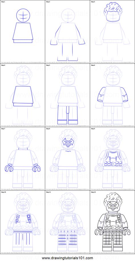 How to Draw Lego Trickster Printable Drawing Sheet by DrawingTutorials101.com Drawing Lego People, Lego People Drawing, How To Draw Lego People, Lego Step By Step, Lego Person, Lego Figurine, Videos Of People, Drawing Proportions, Figure Drawing Tutorial