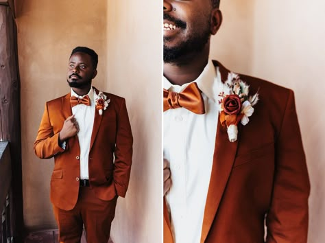 Brown Wedding Suit | Brown Wedding Tux | Burnt Orange Suit | Burnt Orange Tux | Santa Fe Wedding | La Fonda Wedding | Wedding | Wedding Style | Groom | Groom Style | Colorful Groom Suit | Colorful Wedding Tux | Unique Wedding Style | Elopement | Elopement Style | Wedding Inspo | Groom Inspo | Elopement Inspo | Real Wedding | Real Elopement | Real Groom Burnt Orange Suit Wedding, Burnt Orange Tuxedo Wedding, Burnt Orange Suits For Men, Orange Groomsmen Attire, Burnt Orange Groomsmen Attire, Wedding Suit Brown, Khaki Groom, Colorful Groom, Copper Suit