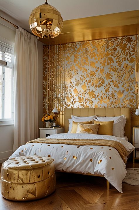 Bring glamour and fun to your child’s room with 40 gold bedroom decor ideas! From golden wall art to metallic accents, these tips will help you create a space that’s both stylish and playful. Gold Bedroom Decor Ideas, Diy Gold Decor, Gold Aesthetics, Golden Wall Art, Gold Bedroom Ideas, Vintage Opulence, Gold Bedroom Decor, Golden Wall, Diy Gold