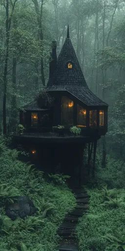 ↑↑↑ Larger size on website 🔸 A dark wooden cabin with a conical roof stands tall in a misty forest. The cabin has large windows w Dark Forest House, Spooky Cabin, Cabin In The Woods Aesthetic, Haunted House Pictures, Goth Houses, Artistic Decor, Small Castles, Cabin Aesthetic, Wooden Cabin