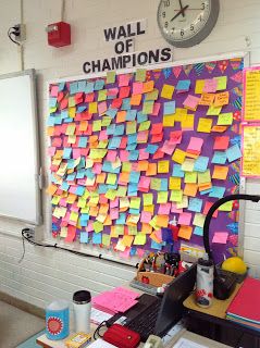 Math in the Middle: wall of champions - sticky note for kids who get high grade (80+), color for different class, most notes for the class gets a party Post It Bulletin Board, Wall Of Champions Classroom, Celebrating Student Success, Student Achievement Bulletin Board, Achievement Wall, Data Walls, Motivating Students, Data Wall, Exit Slips