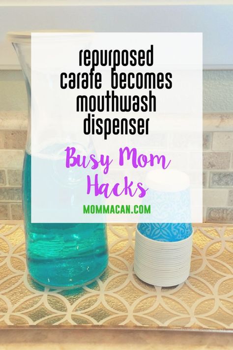 I was tired of looking at the megastore sized mouthwash dispenser so I tried this neat busy mom hack. Mouthwash Dispenser Ideas, Dispenser Ideas, Mouthwash Dispenser, Homemade Mouthwash, Glass Carafe, Family Project, Mom Hacks, Neat And Tidy, Mouthwash