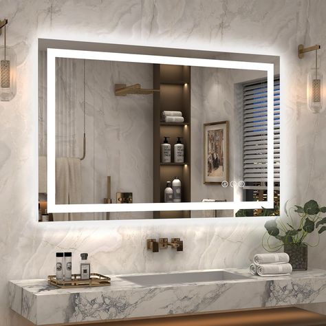 "Illuminate Your Bathroom with this Stunning LED Lighted Mirror ✨"
Description: Upgrade your bathroom with the 48x36 LED Lighted Bathroom Mirror. Featuring dimmable lights, anti-fog technology, and both backlit and front lighted options, this mirror adds a touch of elegance and functionality to any space. Lights Mounted On Bathroom Mirror, Bathroom With Light Up Mirror, Led Light Mirror Bathroom, Light Mirror Bathroom, Lights For Wall, Bathroom Mirror Vanity, Lighted Mirrors, Vanity Mirror With Lights, Led Mirrors