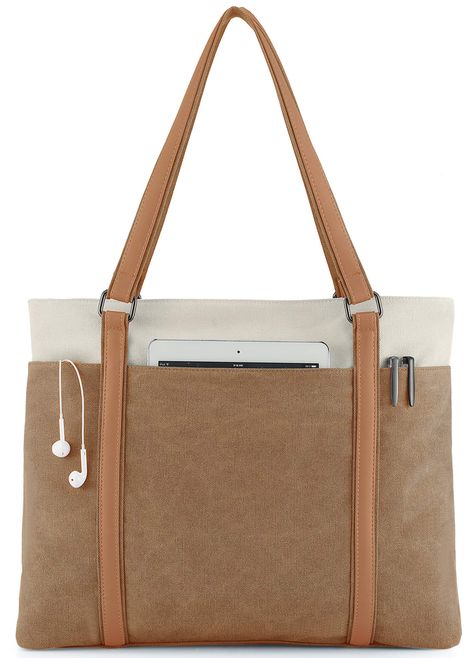 PRICES MAY VARY. Lightweight Canvas Fabric Material and Durable PU leather handles. This tote bag is casual, strong enough to carry your laptop. With foam padding for bump and shock absorption to be shockproof and protect your laptop. 15.75"L*4.33"W*12.99"H,Weight:Only 1.5lb, fits 15.6 inch laptop, computer or tablet. separate storage space can hold your things orderly,easy to find like laptop/books/wallets/cellphone/passports/cards/cash/office supplies/magazine/umbrella and so on Simple and sty Womens Computer Bag, Airport Personal Bag, Classy Laptop Bags For Women, Laptop Purse For Women, Best Tote Bags For Work, Tote Bag For College Students, Work Bags For Women Laptops, Teacher Laptop Bag, Np Outfits