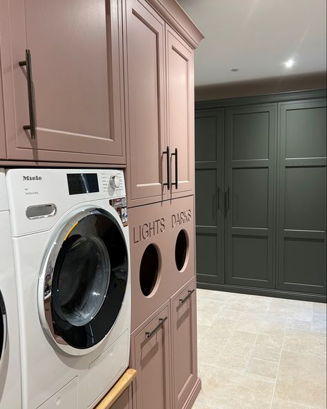 A pink and green ‘bootility’ Sulking Room Pink Utility, Utility Wet Room, Pink Utility Room Ideas, Pink Boot Room, Pompeian Ash Little Greene, Sulking Room Pink Kitchen, Pink Utility Room, Large Utility Room Ideas, Utility Room Cabinets