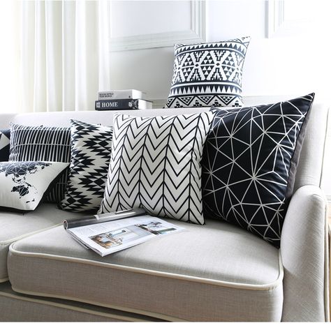 White Sofa Pillows, Purple Pillow Covers, Black And White Cushions, Cheap Cushion Covers, White Cushion Covers, White Decorative Pillows, Modern Cushions, Geometric Triangles, Bantal Sofa