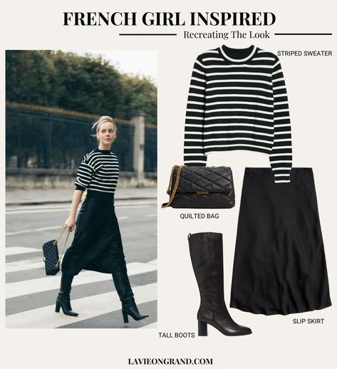 Black And White Stripe Sweater, Twilight Winter, Recipes French, Striped Sweater Outfit, Places In Paris, Simple Family Meals, Parisian Outfits, Black Silk Skirt, French Recipes