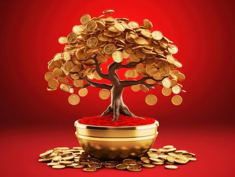 Golden tree is a sign of prosperity on Chinese New Year's Day prosperity and abundance of fortune Coin Tree, Prosperity And Abundance, Golden Coin, Golden Tree, New Year's Day, New Years Day, A Sign, Chinese New Year, New Year's