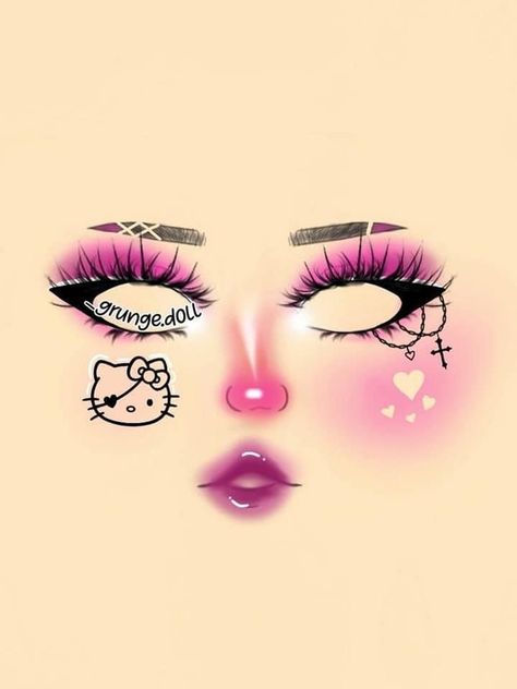 Hello Kitty Girl Makeup, Hello Kitty Makeup Ideas, Makeup Drawing Ideas, Hello Kitty Eye Makeup, Hello Kitty Halloween Makeup, Boceto Makeup Egirl, Makeup Rosado, Hello Kitty Makeup Look, Makeup E Girl