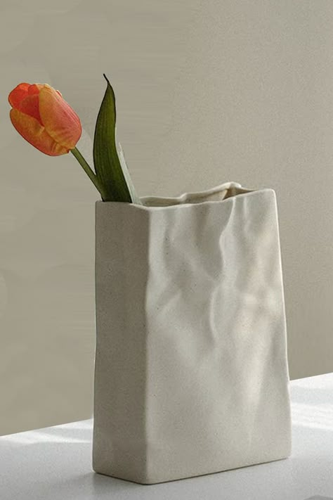 White paper bag Flowers flower bud vase contemporary eclectic weird statement modern funky Farmhouse casual joke funny Grey interior home design and decor for kitchen living dining room entry way entryway Master bedroom bathroom office Flower Vase Clay, Clay Flower Vase, Wabi Sabi Vase, Board House, Unique Bookshelves, Pottery Inspo, Ceramic Flower Vase, Vase Large, Crinkle Paper