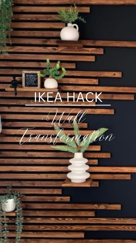 Ikea Hacks and Inspo | Elevate your wall with black paint, wooden slats and a touch of greenery! 🤗💫🌿 @riahanne shows us how to turn your bland wall to bold! 😃… | Instagram Wooden Slat Wall Decor, Wall Slats With Shelves, Diy Slat Accent Wall, Wooden Slat Wall With Shelves, Wood On Black Wall, Slat Furniture Diy, Black Wall Inspiration, Green Wall With Slats, Wood Slat Accent Wall Ideas