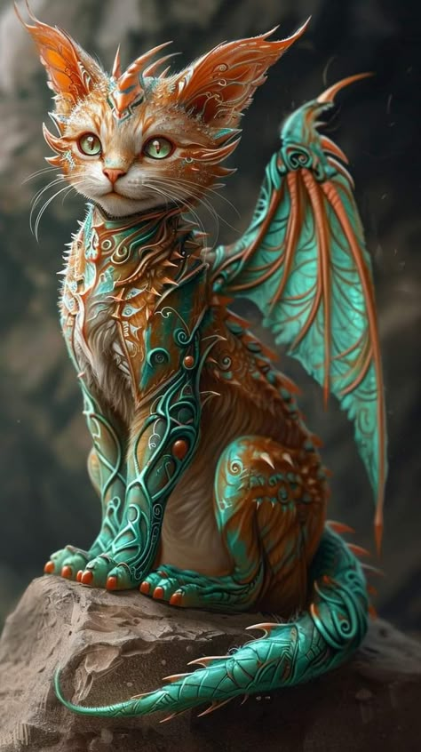 Fantasy Cat Drawing, Mythical Fantasy Creatures, Fantasy Pets Mythical Creatures, Cat Dragon Hybrid, Mythical Animals Fantasy Creatures Art, Fantasy Cat Art, Pretty Dragon, Fantasy Cats, Cat Dragon