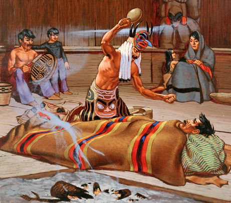 Anthrax may not have been shipped over from Europe in the 1500s—new evidence suggests Ice Age Asian migrants brought it to North America, possibly after scavenging infected animals, a March 2009 study suggests. (Above, a North American shaman treats a patient. Indigenous History, Stone Age Art, Prehistoric Man, Native American Men, Prehistoric World, Early Humans, American Men, Prehistoric Art, Paleo Art