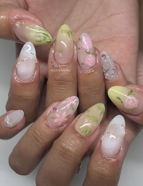 #nailinspo Garden Themed Nails, Green Theme Nails, Green Nails Floral, Quince Stuff, Floral Nail Art, Green Theme, Floral Nails, Green Nails, Almond Nails