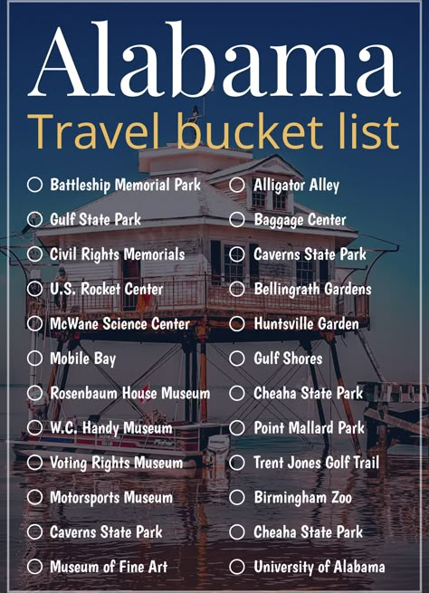 Alabama Travel Bucket List Free Google Docs Template - gdoc.io Bucket List Template, 50 States Travel, Alabama Vacation, Alabama Travel, Road Trip Map, Indiana Travel, Travel Bucket List Usa, Travel Locations, Dream Travel Destinations