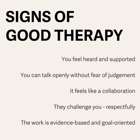 Wondering what good therapy looks like? The therapeutic alliance (the bond and trust between you and your therapist) is at the core of good therapy. It's the most important indicator of if therapy will be effective for you. Here's are signs that this alliance is being strengthened and prioritized. 1. Truly feeling heard and supported - I mean it's why you're there... 2. Talking without fear of judgment - How could you really be yourself without this? 3. Collaborating - Therapy is a partnersh... Therapy Images, Feeling Heard, Good Therapist, Work Journal, Talk Therapy, Life Transitions, Coping Skills, Be Yourself, You Really