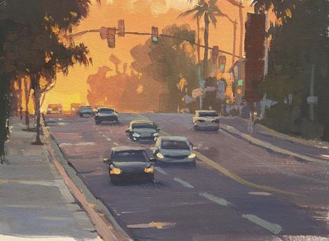 Background Painting, Aesthetic Gouache Art Landscape, Car Gouache Painting, Plein Air Gouache, Gouache Cityscape, Gouache Plein Air, Busy City Painting, Love Canvas Painting, Bird Paintings On Canvas