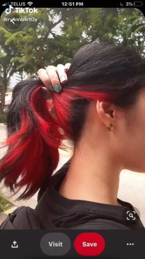 Under Hair Dye Ideas For Black Hair, Red Hair Under Black, Underlayer Hair Color Red, Red Hair Color Underneath, Red Under Dye Hair, Under Hair Dye Brunette, Under Red Hair, Under Hair Dye Red, Under Dyed Hair Red