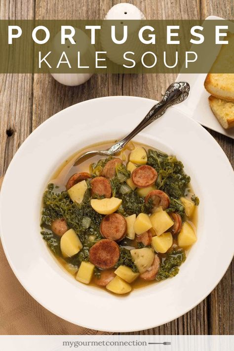 Portuguese Kale Soup Linguica, Portuguese Kale Soup Recipes, Linguica Recipes Dinner, Portugese Kale Soup, Caldo Verde Recipe, Portuguese Kale Soup, Kale Soup Recipes, Best Pork Recipe, Soup Appetizers