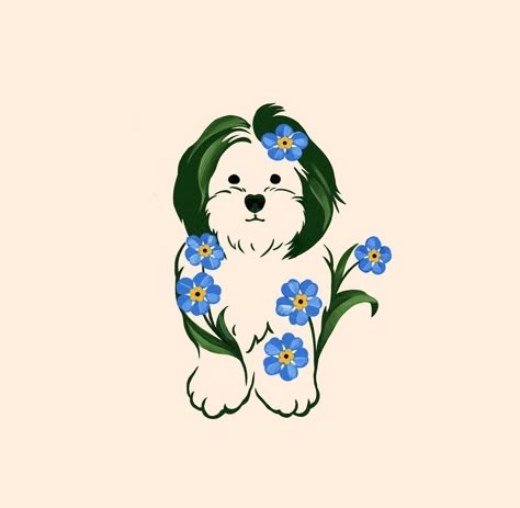 Animated Dog Tattoo, Korean Dog Tattoo, Dog And Flowers Illustration, Flower Dog Tattoo, Paw Tattoo Dog, Dog Flower Tattoo, Year Tattoos, Tattoo Black Women, Small Dog Tattoos