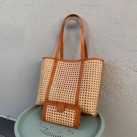 Bundle Handmade Tote Bag Rattan Cane and Leather with Rattan Leather Wallet by ArtheaBali on Etsy Cane Bags, Weaving Bag, Rattan Cane, Handmade Tote Bag, The Click, Stylish Summer Outfits, Wicker Bags, Rattan Bag, Handmade Tote