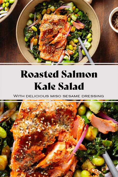 This roasted Salmon Kale Salad is packed with flavor, easy to make, and high in protein! An easy homemade miso sesame dressing gives the salad an amazing umami flavor. It comes together really easily and makes a delicious lunch or a light dinner. Kale salad also stores really well so it's great for meal prep. Kale Salad With Salmon, Salmon Chickpea Salad, Salmon Kale Salad, Salmon Kale, Homemade Miso, Asian Salad Recipe, Salmon Salad Recipes, Edamame Salad, Salads Recipes