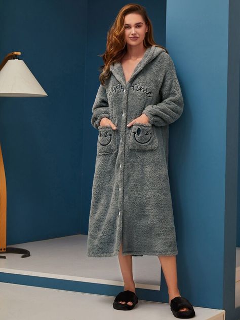 Women Robes, Cartoon Embroidery, Women's Robe, Long Sleeve Flannel, Cool Names, Nightwear, Duster Coat, Dark Grey, Sleep