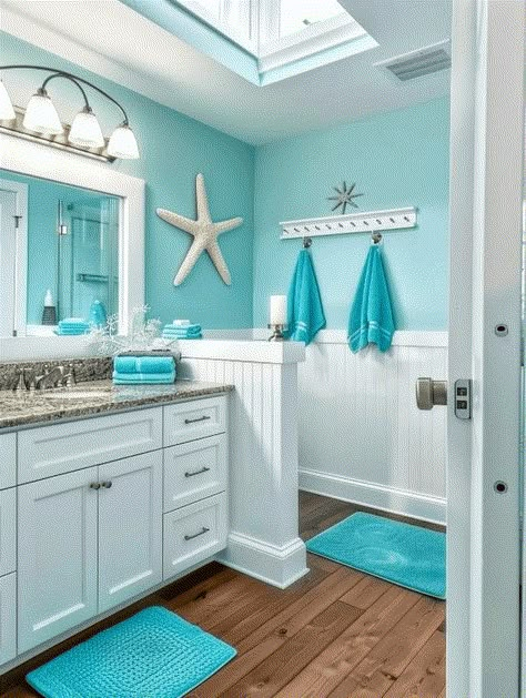 Ocean Bathroom Ideas, Small Coastal Bathroom Ideas, Small Coastal Bathroom, Beach Theme Bathroom Decor, Aqua Bathroom, Ocean Bathroom, Turquoise Bathroom, Beachy Bathroom, Beach House Bathroom